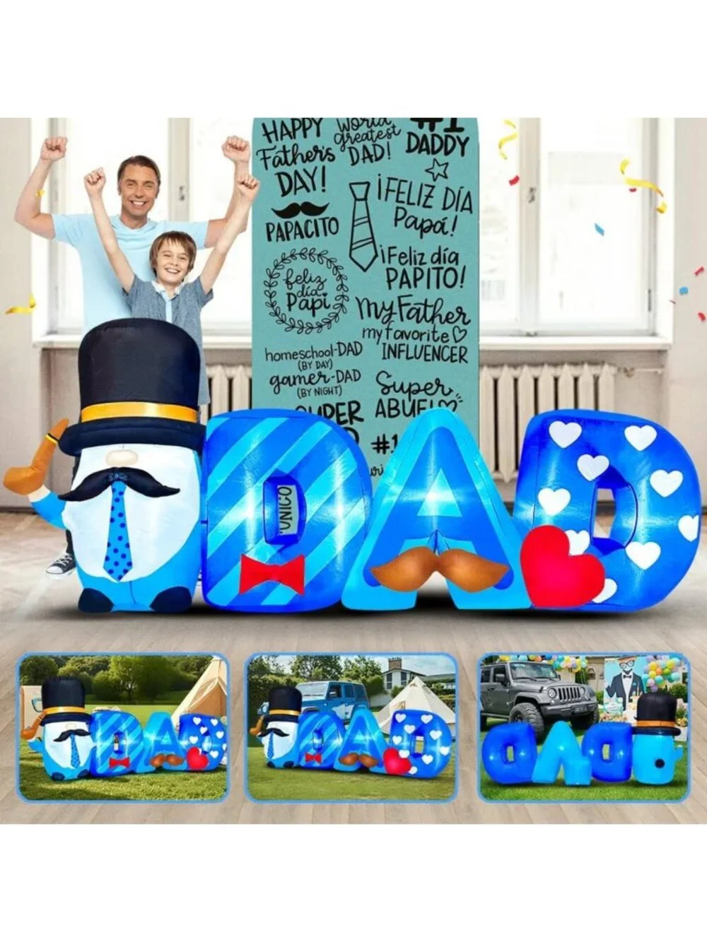 8FT Inflatable Father's Day Decoration with LED Lights, Gnome & Balloons for